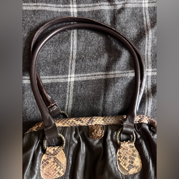 clara kasavina Handbags - Clara Kasavina Handmade Chocolate Brown Leather Python Snake Skin Bag